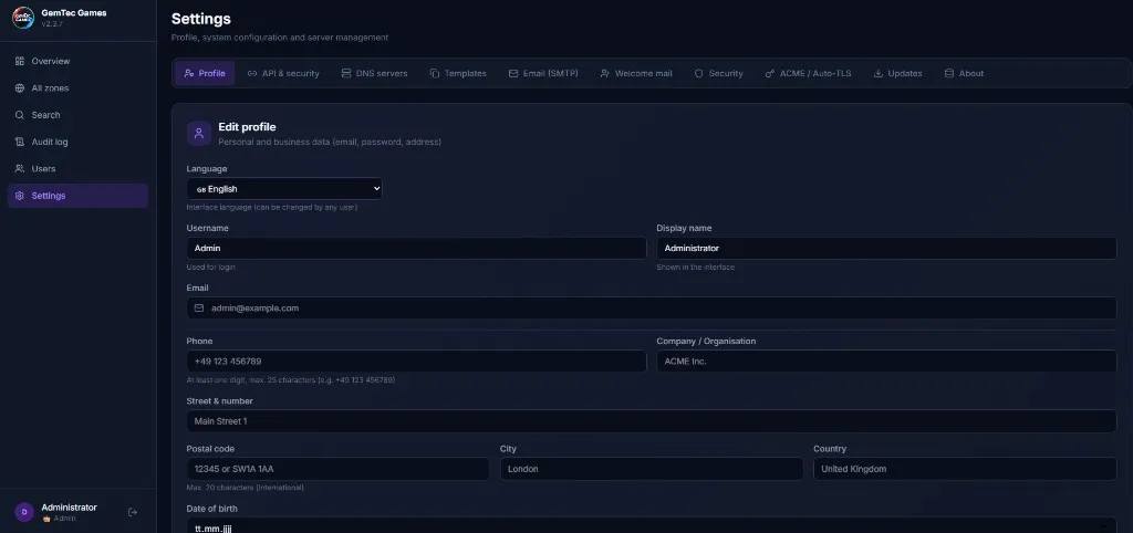 PDNS Manager – Settings / Profile